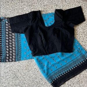 Black Blouse with Blue Printed Saree - Classic Women's Set